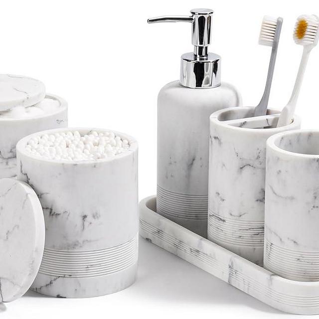 Bathroom Accessories Set, 6-Piece Bathroom Accessory Set, Toothbrush Holders Set, Soap Dispenser, Vanity Tray, Tumbler, Cotton Swab Jars, Bathroom Organizer for Modern Bathrooms (Marble White)