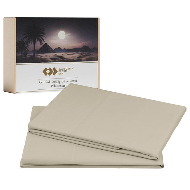 California Design Den 100% Egyptian Cotton Pillowcases Standard Size/Queen Size Pillowcases Set of 2 - Sateen Weave, Soft and Breathable Beige Pillow Cases - Beige