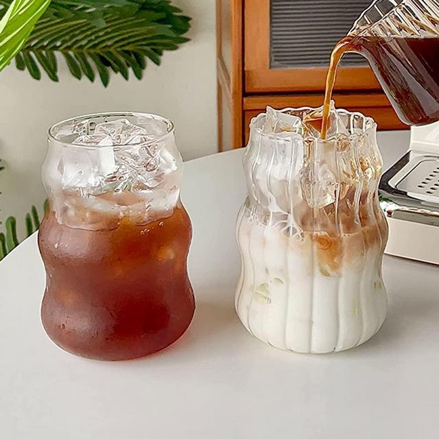 URMAGIC 2 Pcs Vintage Drinking Glasses,18 Oz Ripple Glass Cups,Gourd Shape Iced Coffee Glasses,Wave Shape Beverage Glasses,Ribbed Glassware for Juice,Beer,Beverage,Water,Dessert Ice Cream Cups