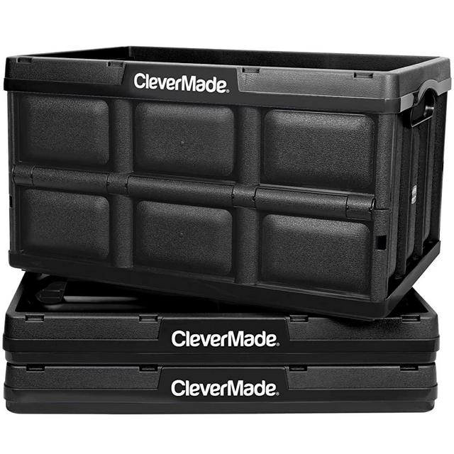 CleverMade 46L Collapsible Storage Bins - Durable Plastic Folding Utility Crates, Solid Wall Stackable Containers for Home & Garage Organization, Black, 3 Pack, Model:8031749-0063PK
