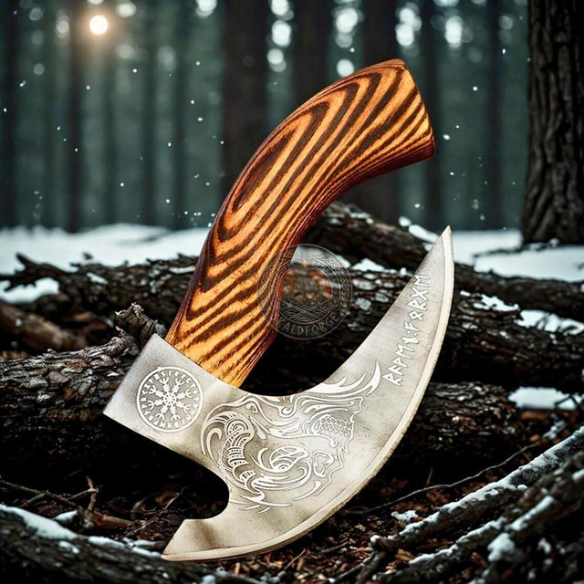 Pizza Cutter Axe with Leather Sheath - 10” Carbon Steel Axe Blade with Pure Wood Handle - Viking Style Pizza Cutter Skull Design - Ideal Christmas Gift for Him and Her