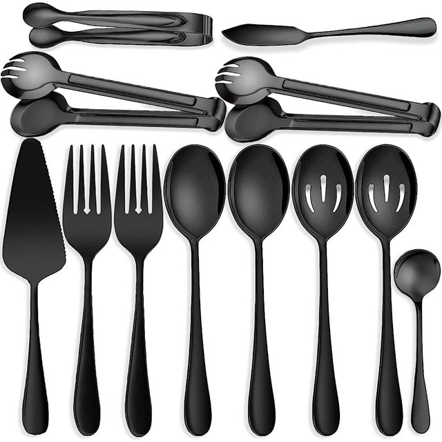 IAXSEE 12 PCS Stainless Steel Serving Utensils, Large Spoons Slotted Spoons Forks Tongs, Ice Suger Tongs, Pie Server, Butter Knife, Coffee Spoons, Great for Buffet Catering Banquet Party, Black