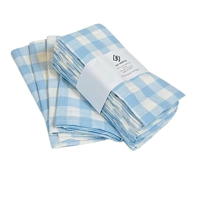 Dinner Napkins Cloth Set of 12 20X20 inch | Dusty Blue Checkered Linen Kitchen & Table Napkins