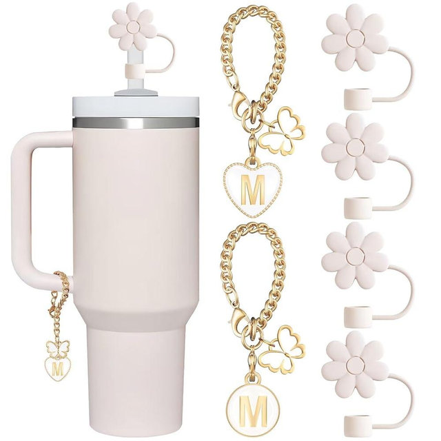 ANLABESY Compatible with Stanley Cup Accessories, 2PCS Butterfly Letter Charms with 4PCS 10mm Stanley Straw Cover Cap for Stanley Cup 30&40 Oz, Silicone Stanley Straw Toppers for Stanley Tumbler(M)