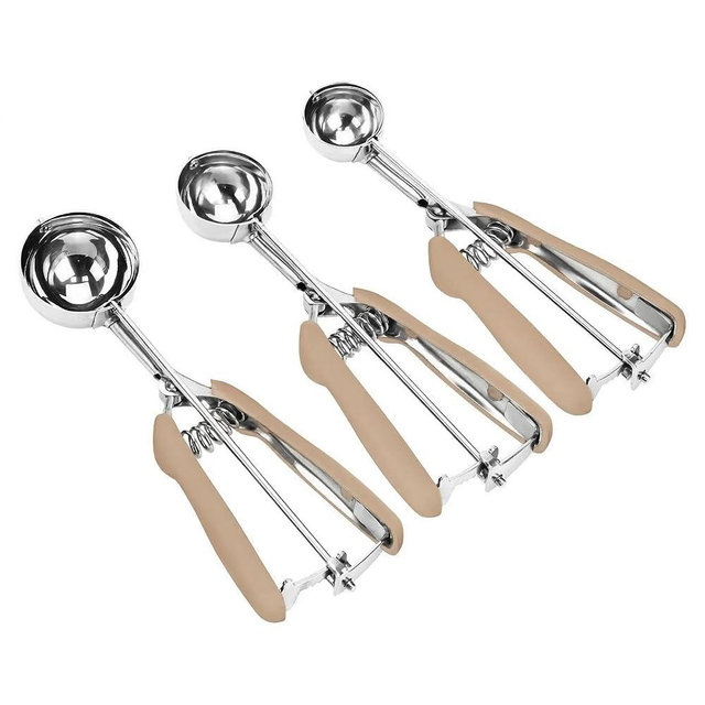 Cookie Scoop Set, 3Pcs Ice Cream Scoop, Cookie Scoops for Baking Set of 3, 18/8 Stainless Steel Cookie Scooper for Baking, Ice Cream Scooper with Trigger Release, Brown Soft Grip Cookie Dough Scoop