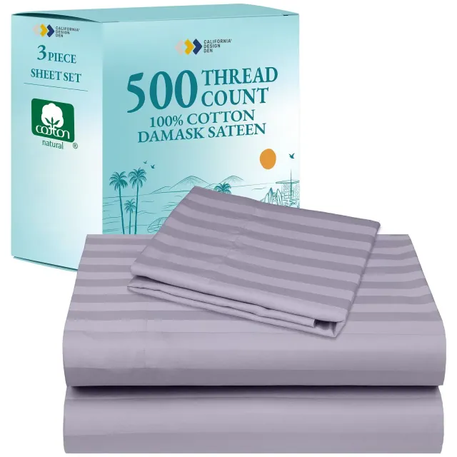 500 Thread Count Bed Sheets - 100% Cotton Sateen Sheets Set, Soft, Breathable, Deep Pocket by California Design Den - Lavender Striped, Twin
