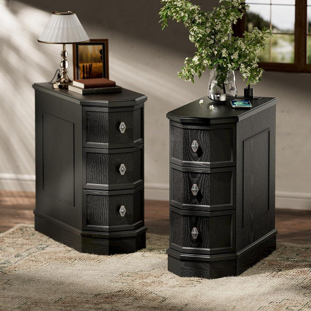 AMBERHAUS Nightstand Set of 2 with Charging Station, Vintage Wood End Table with 3 Drawer, Victoria Narrow Side Table, Slim Bedside Tables for Bedroom, Pre-Installation, Black