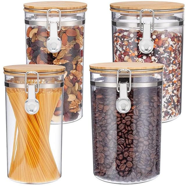 Yangbaga Kitchen Canister Sets for Counter with Bamboo Lids,4PCS Plastic Food Storage Jar with Airtight Locking Clamp,Coffee Containers Set,Clear Container for Coffee Bean Storage,Large Capacity Food Storage Jar for Kitchen