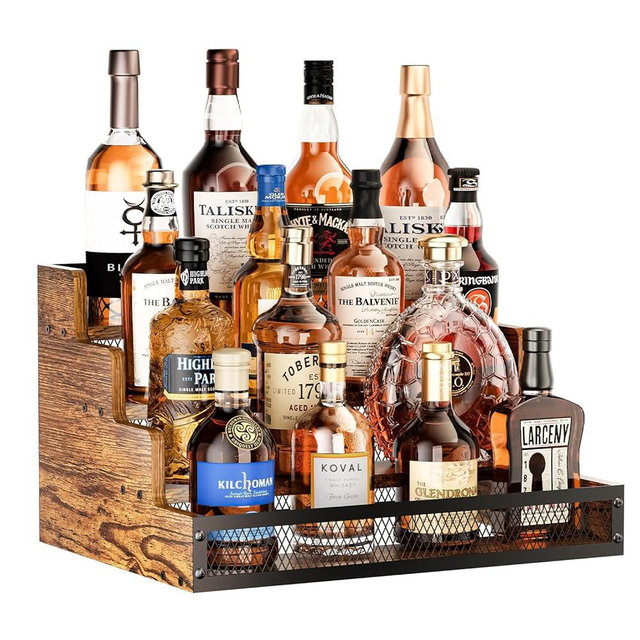Yuzehuaza 4 Step Countertop Liquor Bottle Display Shelf, Wood Bar Shelves 16 Bottles with Fences, Freestanding Storage Shelves for Liquor Whiskey Wine Coffee Syrup Display, Retro Wine Rack Home