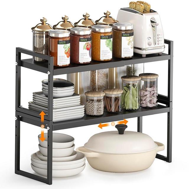 DOLALIKE Expandable kitchen Countertop Organizer, Stackable Cabinet Shelf Organizers, Space Saving Spice Rack Pantry Storage for Bathroom Office Organization (Black, 2 Pack)