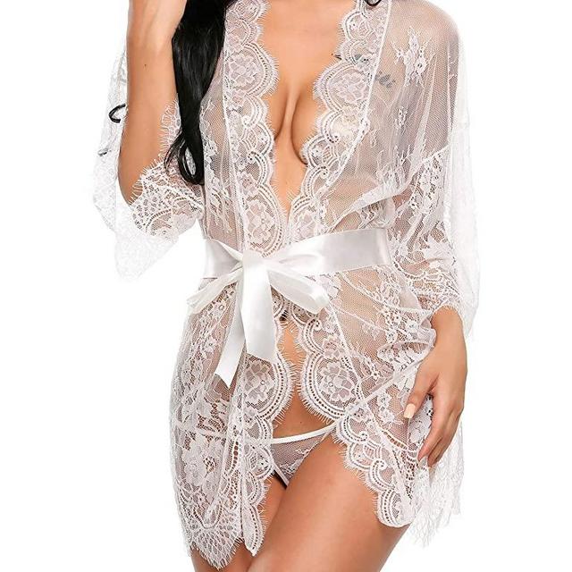 ADOME Women's Kimono Robe Lace Babydoll Bridal Lingerie Sheer Mesh Nightgown