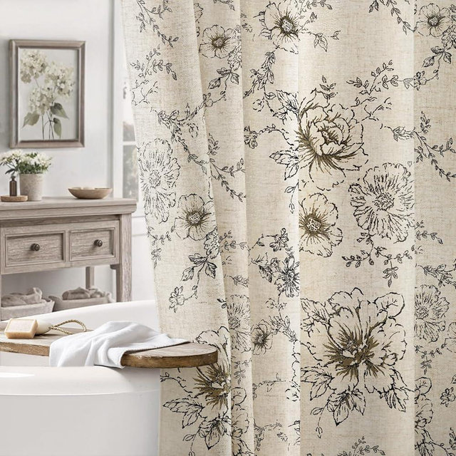 NDDYCU Farmhouse Floral Linen Shower Curtain, Vintage Black Pattern Rustic Shower Curtains for Bathroom, Tan Taupe,72x96