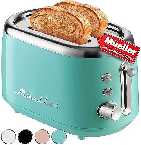 MÜELLERHOME Retro Toaster 2 Slice, 7 Browning Levels, 3 Functions (Reheat, Defrost, Cancel), Stainless Steel Features, Removable Crumb Tray, Under Base Cord Storage, Turquoise