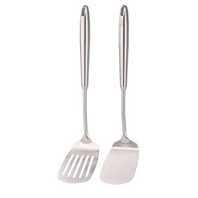 18/10 Stainless Steel Spatulas Set - All Metal Spatulas for Kitchen Use or Outdoor Grilling, 14.7″ Long, Non Toxic, Heavy Duty, Commercial, Chef Grade - 1 Slotted Spatula + 1 Solid Turner for Cooking