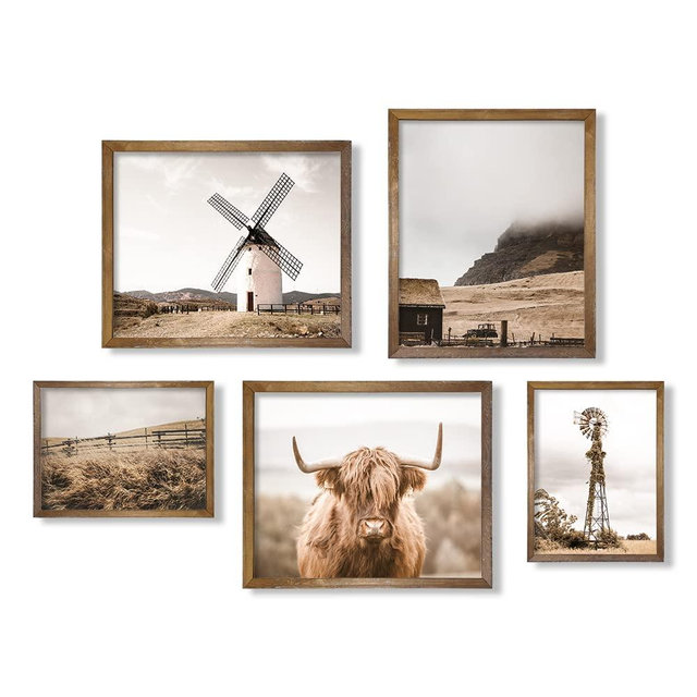 Boho Western Decor - Highland Cow Pictures Wall Art - Rustic Farmhouse Bathroom Poster - Old West Ranch Room Decor - Country Print - Southern Farm House Animal - Gift for Cowboy Men Cowgirl - Set of 5