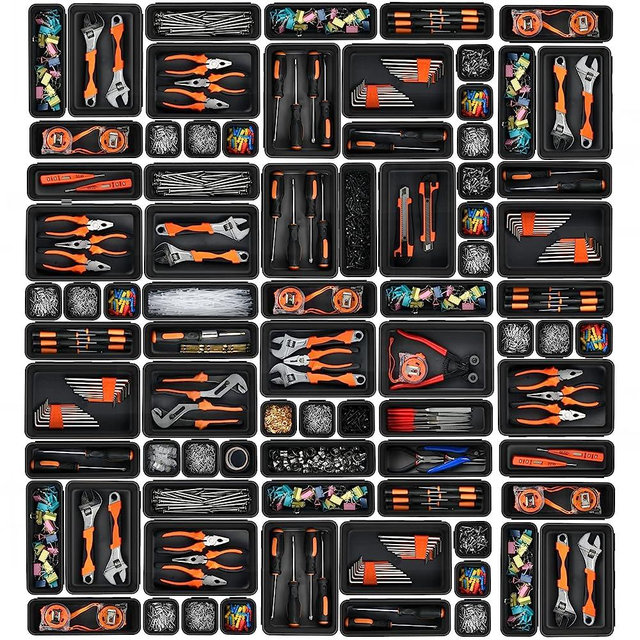 A-LUGEI【𝟰𝟮𝗣𝗖𝗦】【Black】 Tool Box Organizer Tray Divider Set, 【More Large-Size】 Desk Drawer Organizer, Garage Organization and Storage Toolbox Accessories for Rolling Tool Chest Cart Cabinet Bench