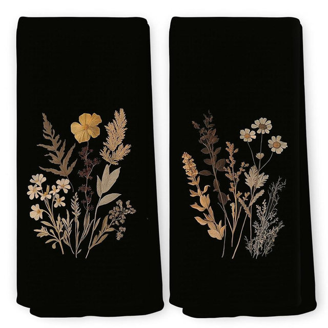 QZQE Vintage Moody Floral Dark Botanical Kitchen Towels Set of 2, Cottagecore Botanical Goth Gothic Still Life Dish Tea Towels for Kitchen, Farmhouse Country Decorative Hand Towel 16x24 Inch