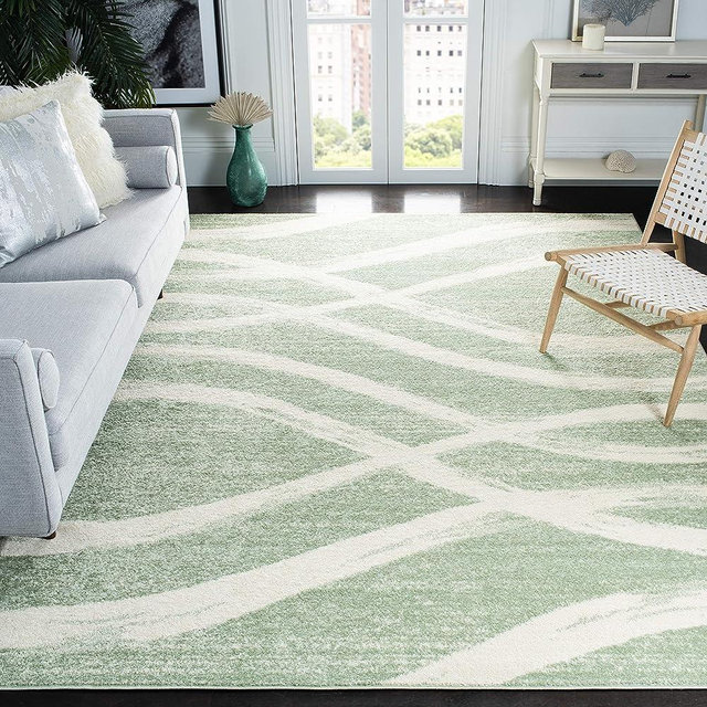 SAFAVIEH Adirondack Collection Area Rug - 8' Square, Sage & Cream, Modern Wave Distressed Design, Non-Shedding & Easy Care, Ideal for High Traffic Areas in Living Room, Bedroom (ADR125X)
