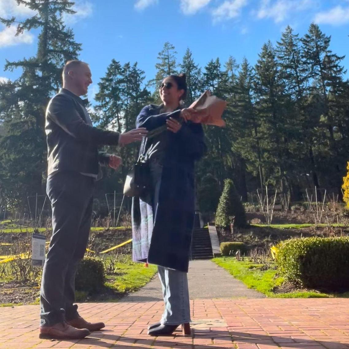 At the Portland Rose Gardens Isaac was waiting with roses. I totally thought it was happening. Instead of proposing, he asked if I would be his Valentine. Pictured is me snatching the roses in shock