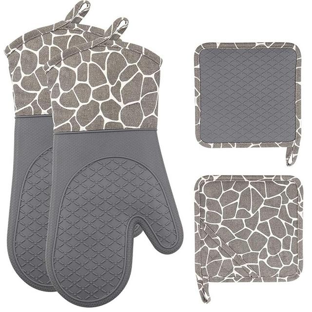 Silicone Oven Mitts and Pot Holders Set 500 F Heat Resistant Oven Gloves Flexible for Kitchen Cooking Baking Grilling Microwave with Quilted Liner BPA Free Non-Slip, Gray