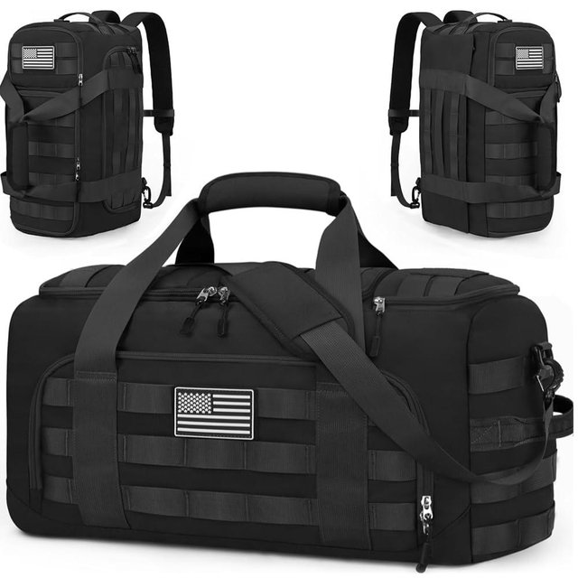 ZOMFELT Tactical Gym Bags for Men, 22x14x9 Carry On Luggage Duffle Bag for Travel, 3-in-1 Sports Basketball Soccer Bag with Removable Dividers & Shoe Compartment, Weekender Overnight Travel bag, Black