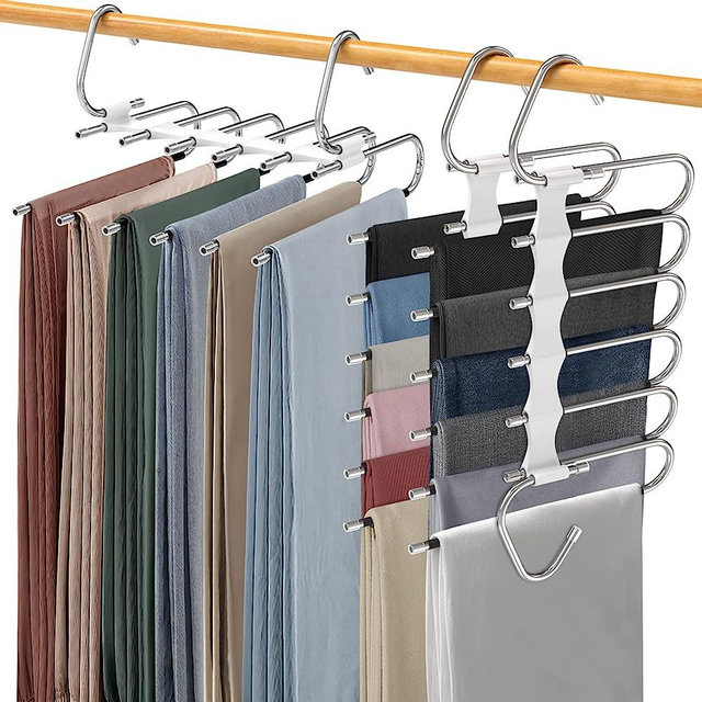 Upgrade 6 Layers Pants Hangers Space Saving, 2Pack Stainless Steel Multifunctional Pants Rack Non Slip S-Type Clothes Jean Hanger Closet Organizer for Pants Jeans Leggings Trousers Skirts Scarf, White