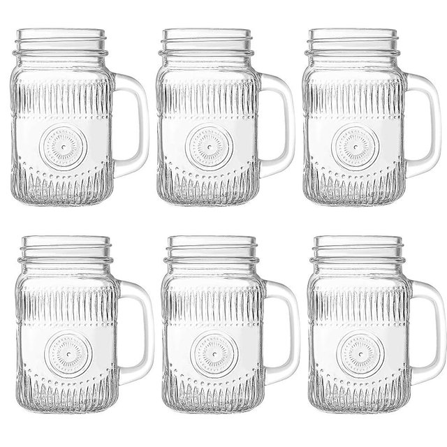 Amzcku vintage Clear Drinking Jar 16 OZ Drinking Jars with Comfortable Handle for Party Beverages 6 pcs