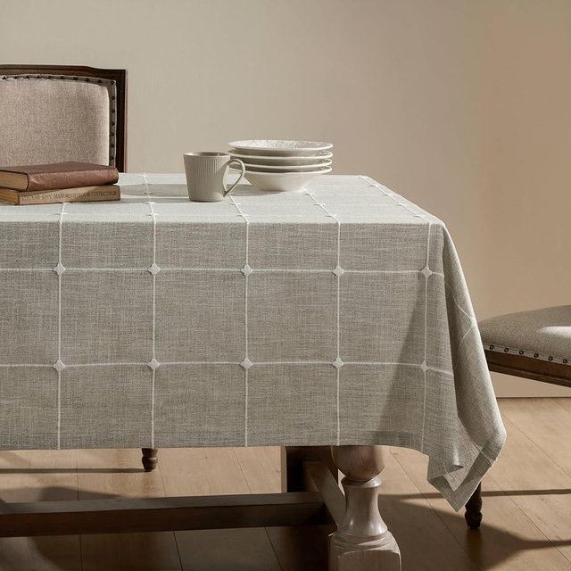 ZeeMart Grid Embroidered Hemmed Tablecloths, Raw Linen 52x52 Inch, Farmhouse Style Heavy Weight Cotton Linen Beige Tablecloths, Boho Plaid Water Resistant Square Table Cloth