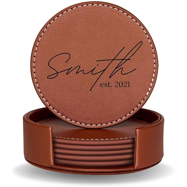 Set of 6 Engraved Leather Coasters with Holder Handmade in the USA - Custom Wedding Gifts, Anniversary Gifts, Housewarming Gift