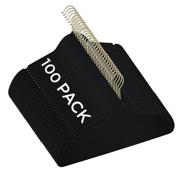 Simplify Slim Velvet Gold Hook Clothes Hangers 100 Pack | Non-Slip | Shirts | Suit | Pants | Dresses | Garments | Closet Storage & Organization | Durable | Black