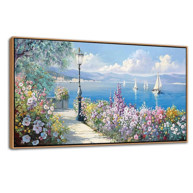 Blue Coastal Wall Art Ocean Canvas Flowers Painting Landscape Sailboat Picture White Yellow Artwork Modern Seascape Large Framed for Living Room Bedroom Home Office Decor Size 24x48 Inches