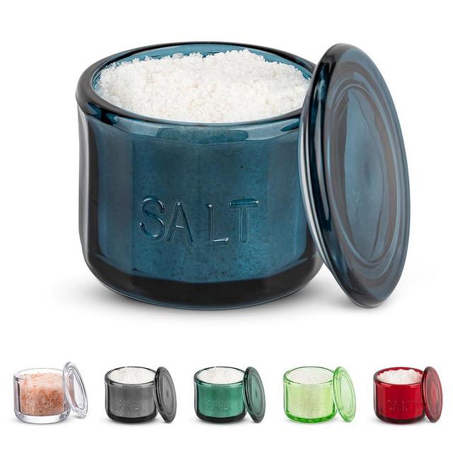 KooK Glass Salt Cellar with Glass Lid, Embossed Pressed Glass, Clear Storage Container, for Coffee, Sugar, Spices and Candies, Dishwasher Safe, 10 oz (Navy Blue)
