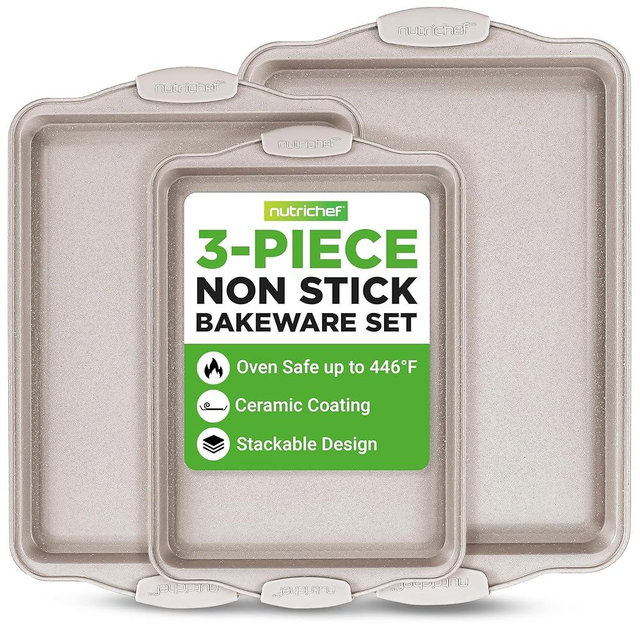 NutriChef 3 Piece Nonstick Cookie Sheets for Baking - Premium Carbon Steel Baking Pans with White Silicone Handles - Even Heat Distribution, PFOA/PFOS/PTFE Free, Easy to Clean - Cream Marble, NCBKT3CM