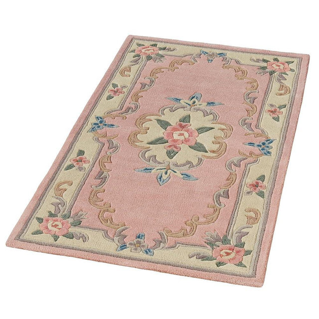 Traditional Floral Serena Aubusson II Small Rectangle Accent Rug | 2 feet 6 inches x 4 feet 6 inches | Soft Rose Pink | Handcarved, Hand-tufted, Luster Washed, Thick Pure Wool Sofa-Sized Area Rug