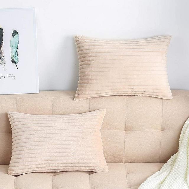 TangDepot, Set of 2 Soft Plush Velvet Big Striped Corduroy Solid Decorative Throw Pillow Covers, Lumbar Pillow Covers - (12"x20" 2 Pieces, A17 Beige)