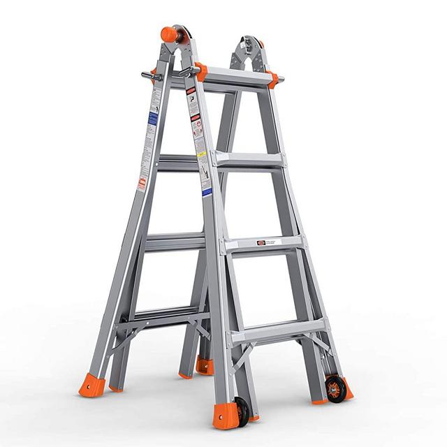OT QOMOTOP Ladder, 17 FT Max Telescoping Ladder with Wheels, 300 lbs Load Capacity Step Ladder, 5 Models to Switch, Suitable for Various Scenes Indoor and Outdoor