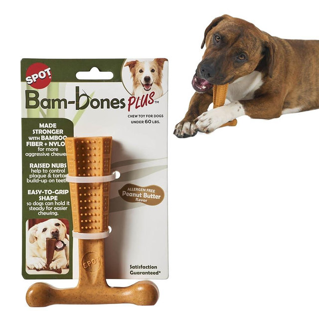 SPOT Bam-Bones Plus T Bone - Bamboo Fiber & Nylon, Durable Long Lasting Dog Chew for Aggressive Chewers – Toy for Dogs & Puppies Under 60lbs, Non-Splintering, 6in, Allergen Free Peanut Butter Flavor