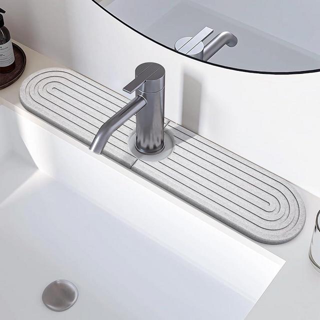 eormoe Kitchen Faucet Absorbent Mat - Diatomite Stone Sink Tray, Quick Drying, Modern Design - Durable Faucet Drip Mat for Kitchen Sink and Bathroom Counter [17.7" x 3.9", Includes Sandpaper]