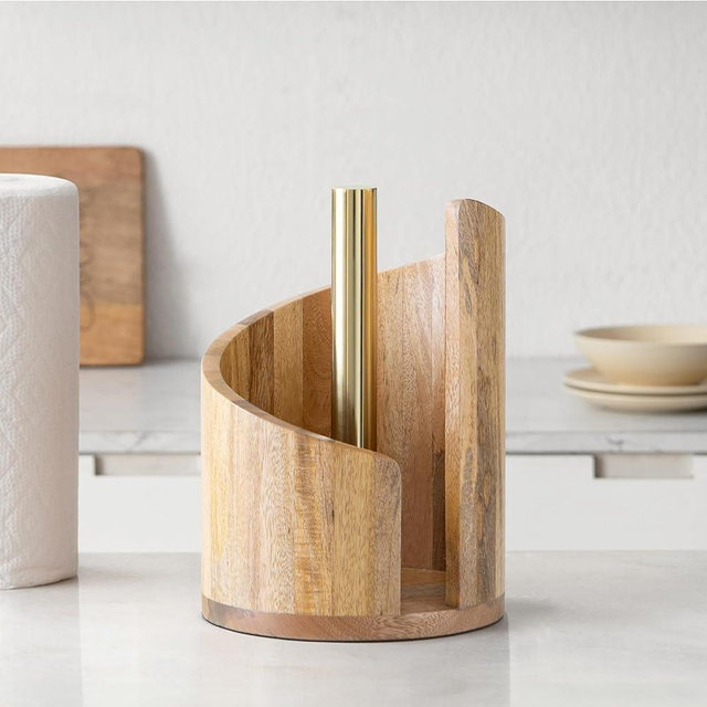 Anji Mountain Paper Towel Holder Countertop with Mango Wood Round Base and Iron Holder,Holder Stand for Kitchen Roll Organize,Wooden Paper Towel Holder for Kitchen Dining Table Home Decor
