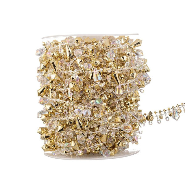 YoungJewl 33 Feet Crystal Garland Christmas Clear Iridescent Crystal Bead Rolls and Gold Bead Garland Twist Bead String for Christmas Tree Wedding Party Decoration