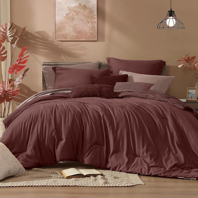 Monbix King Size Comforter Set, Dark Red King Size Bed Set Reversible, King Size Comforter Set 7 Pieces, Cationic Dyeing Bed in a Bag with Comforter, Sheets, Pillowcases & Shams