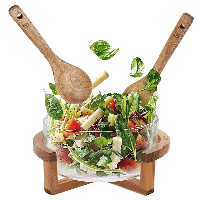 Large Glass Salad Bowl Set with Acacia Wood Serving Spoon & Fork – 11 Inch Salad Mixing & Serving Bowl for Pasta, Fruits, Veggies, Kitchen Tableware & Dinner Table Centerpiece
