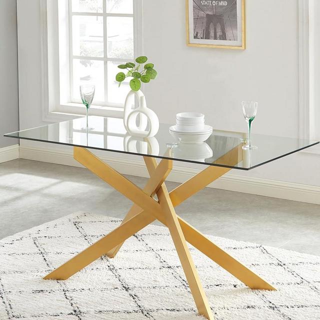 Edwin's Choice Rectangle Glass Dining Table, Tempered Glass Table Top and Metal Tubular Legs, Modern Style Table for Home, Kitchen, Dining Room,58.5”Lx29”Wx30”H, Gold