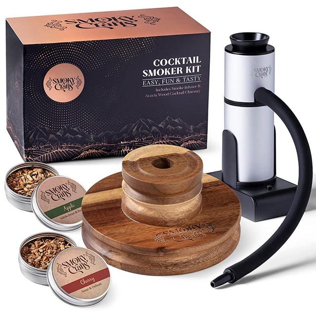 Drink Smoker Infuser Kit includes Smoke Gun for Cocktails and Acacia Chimney Smoker. All in One Whiskey Smoker Kit for Your Home Bar. Smoky Crafts Cocktail Smoker Kit for Drinks comes with Smoking Gun and Wood Chips (Apple & Cherry)