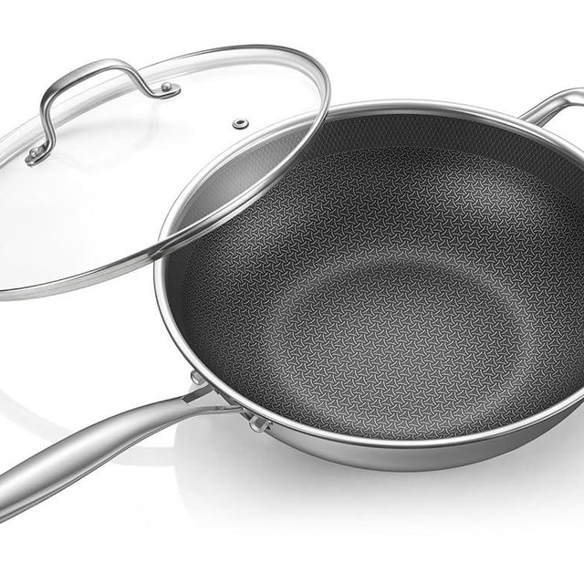 Uven Traoqq 12.5-Inch Hybrid Nonstick Wok, Stainless Steel Wok Pan with Lid, Laser-Textured, PFOA-Free Woks & Stir-Fry Pans, Induction Ready, Oven & Dishwasher Safe for Gas Electric Glass Cooktops