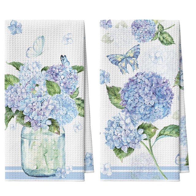 Artoid Mode Hydrangea Vase Butterfly Spring Bar Towels Kitchen Towels, 12x24 Inch Quick Dry Microfiber Cloth Dish Towels for Kitchen Drying Set of 2