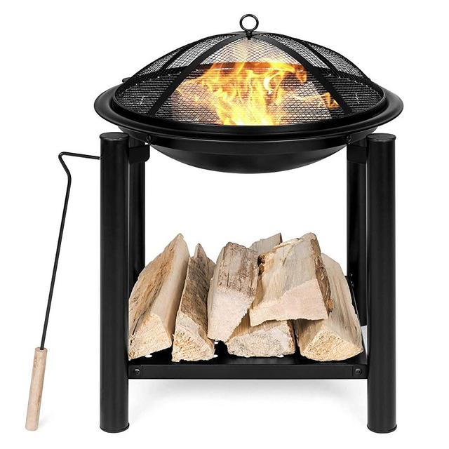 Best Choice Products 21.5-inch Outdoor Fire Pit Bowl Table and Storage for Patio, Backyard w/Shelf, Fire Spark Guard, Log Grate, Poker, Water-Resistant Cover, Black