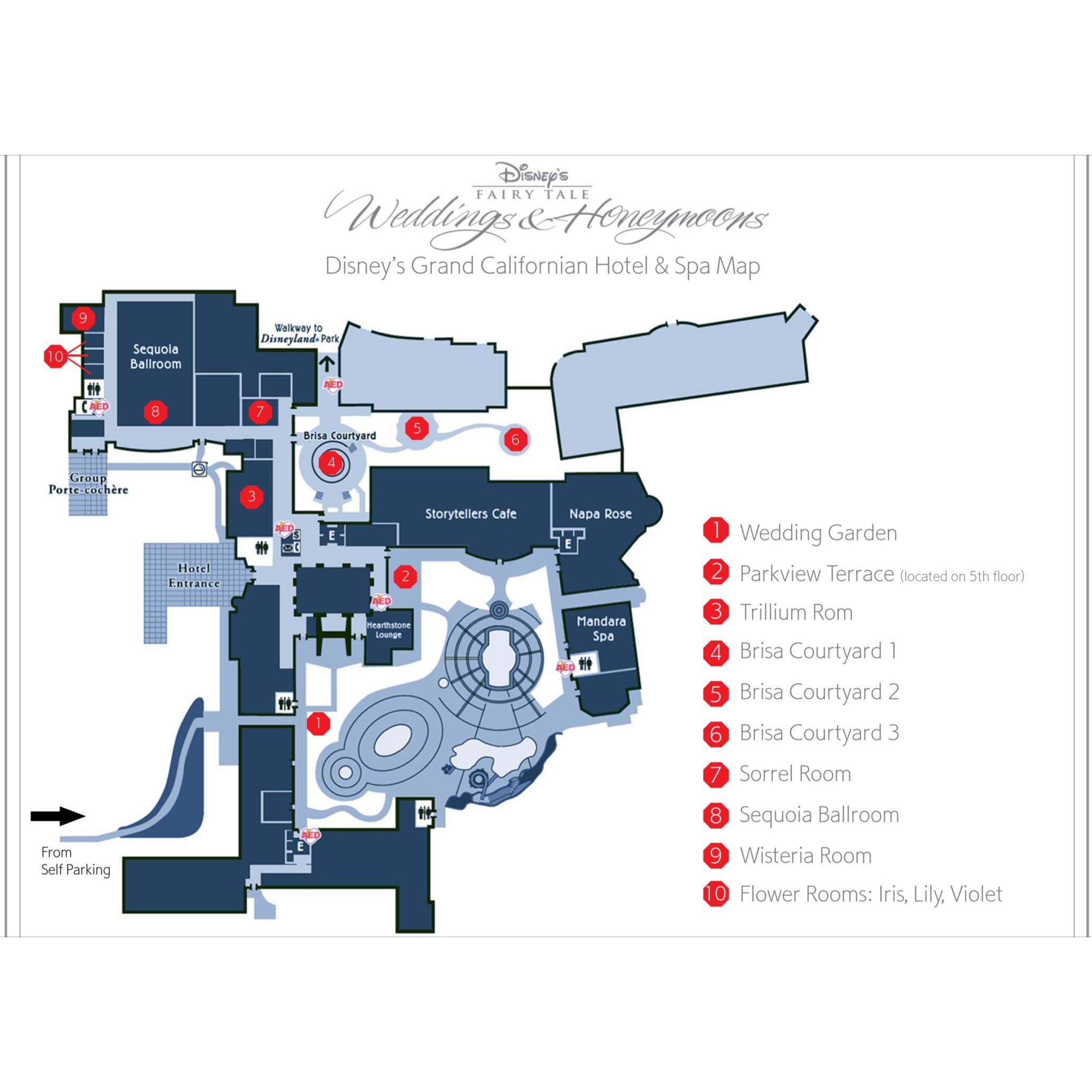 Map of the Grand Californian.
Park view Terrace (ceremony) is located on the 5th floor.
Wedding Garden (pre-reception) and Wisteria Room (reception) are on the ground floor.