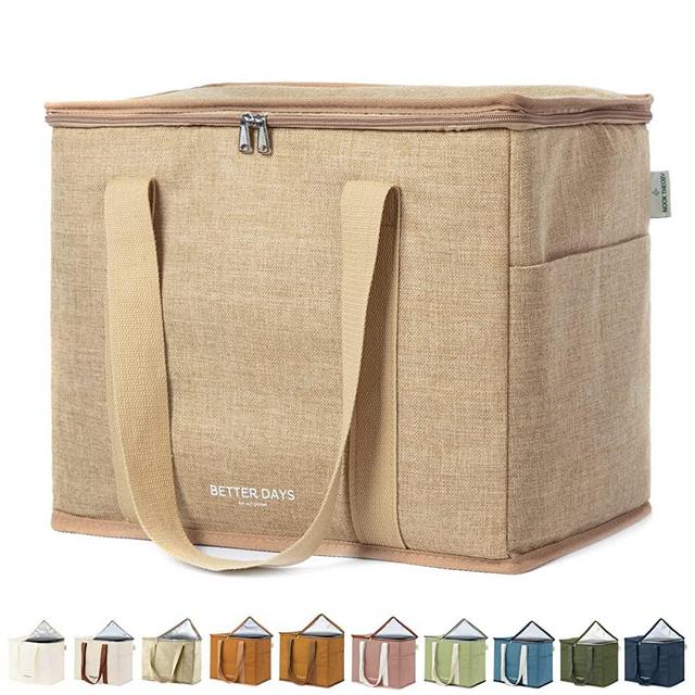 Insulated Reusable Grocery Bag - 12 oz Canvas, Zippered Top, XL - Shopping Bags For Groceries - Cooler Bags Insulated For Frozen Cold Hot Food Drinks - Insulated Bag For Beach, Picnic (Jute)