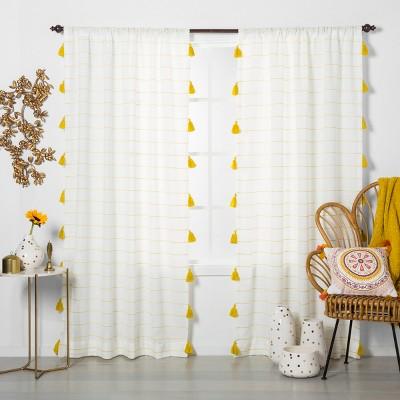 84"x54" Contrast Stripe Light Filtering Window Curtain Panel with Tassel Yellow/White - Opalhouse&#8482;